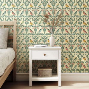 Vintage Songbirds wallpaper featuring avian illustrations with florals, perfect for elegant modern design and damask-inspired decor.
