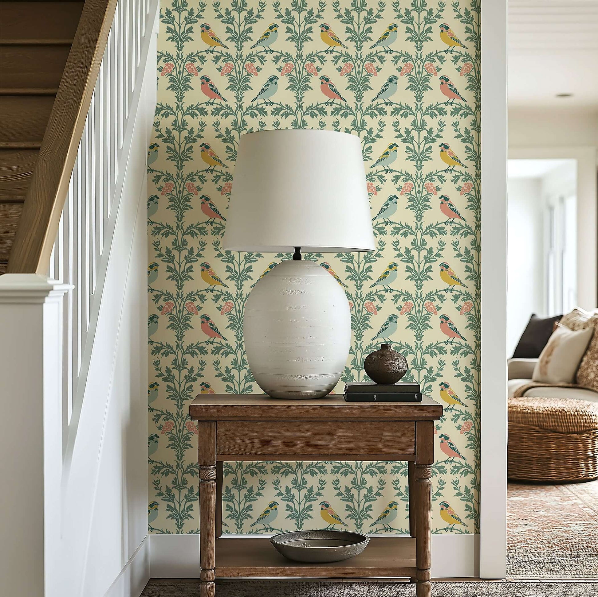 Vintage Songbirds Wallpaper with florals and damask patterns on a hallway wall, featuring a lamp and a rustic wooden table.