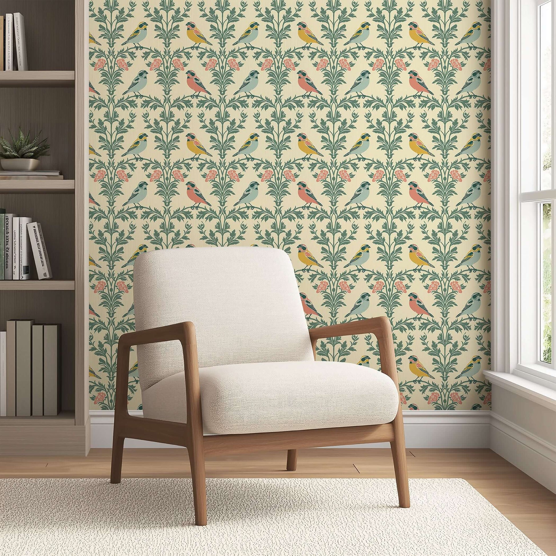Vintage Songbirds wallpaper with floral and damask design, featuring avian illustrations in a modern style room.