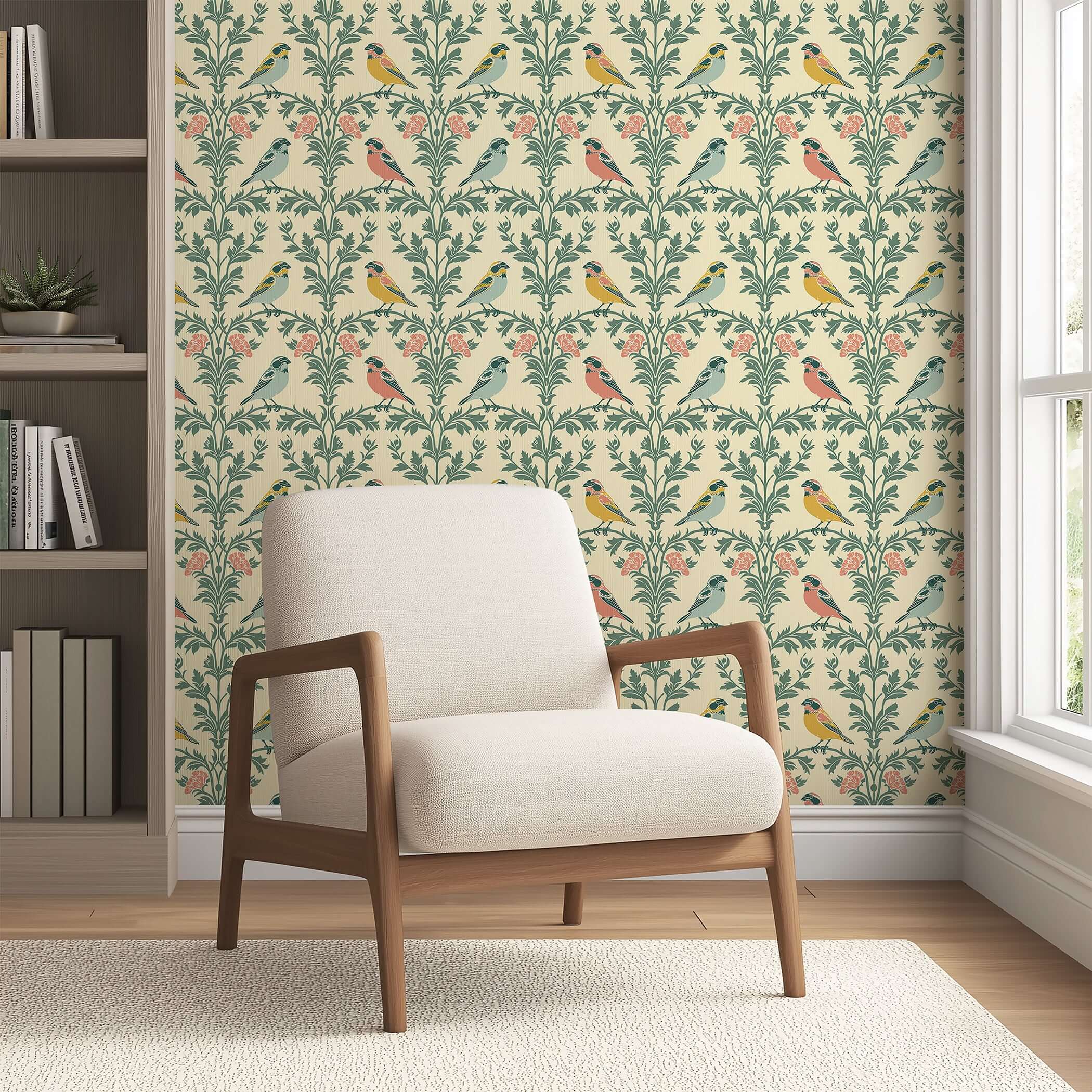 Vintage Songbirds wallpaper with floral and damask design, featuring avian illustrations in a modern style room.