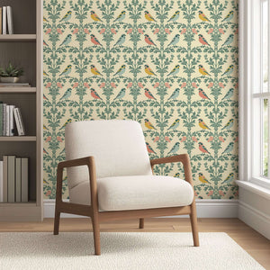 Vintage Songbirds wallpaper with floral and damask design, featuring avian illustrations in a modern style room.