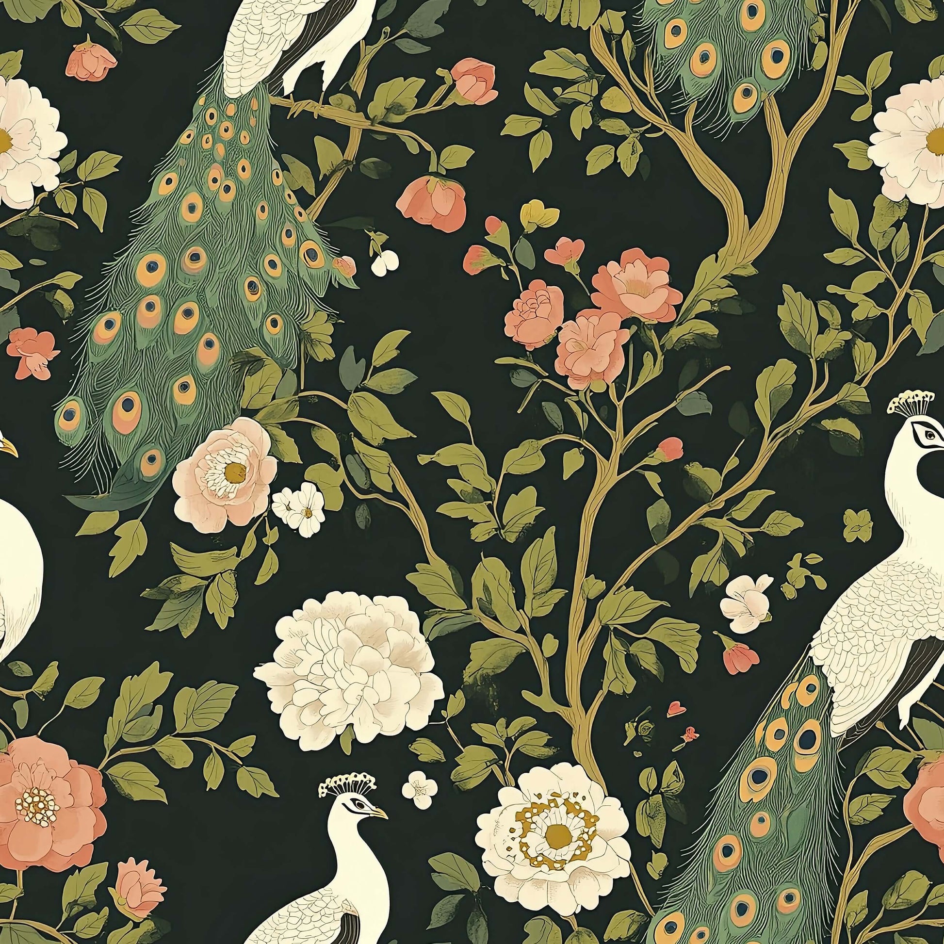 Art deco wallpaper with white peacocks and flowers on dark background, ideal for elegant home decor.