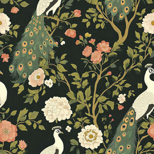 Art deco wallpaper with white peacocks and flowers on dark background, ideal for elegant home decor.