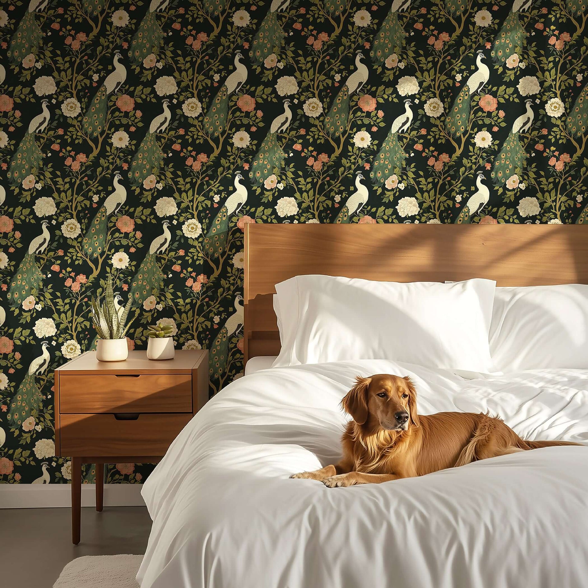 Mystical Garden Elegance wallpaper featuring art deco peacocks on dark background in bedroom with dog on bed.