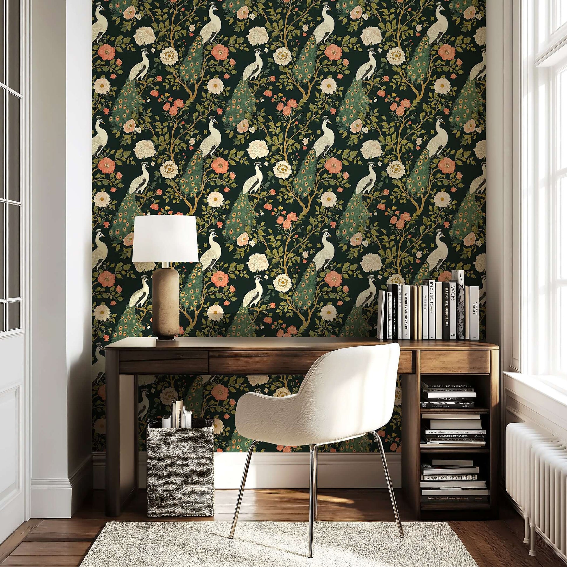 Art deco wallpaper featuring white peacocks and floral design on dark background, ideal for luxurious home decor.