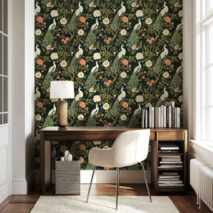 Art deco wallpaper featuring white peacocks and floral design on dark background, ideal for luxurious home decor.