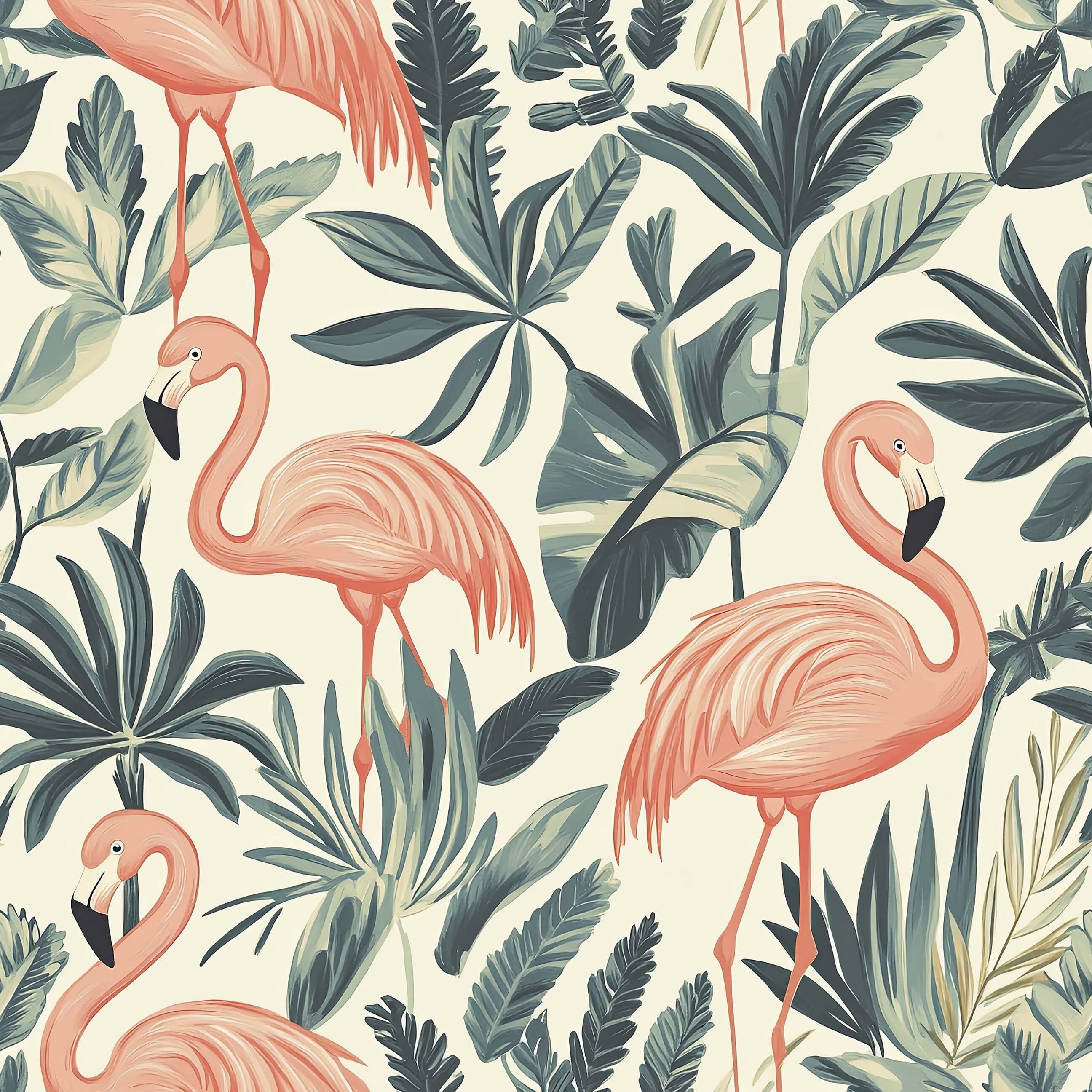 Flamingo Oasis wallpaper featuring pink flamingos amidst green leaves, reflecting a mid-century modern and coastal style.