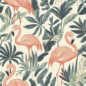 Flamingo Oasis wallpaper featuring pink flamingos amidst green leaves, reflecting a mid-century modern and coastal style.