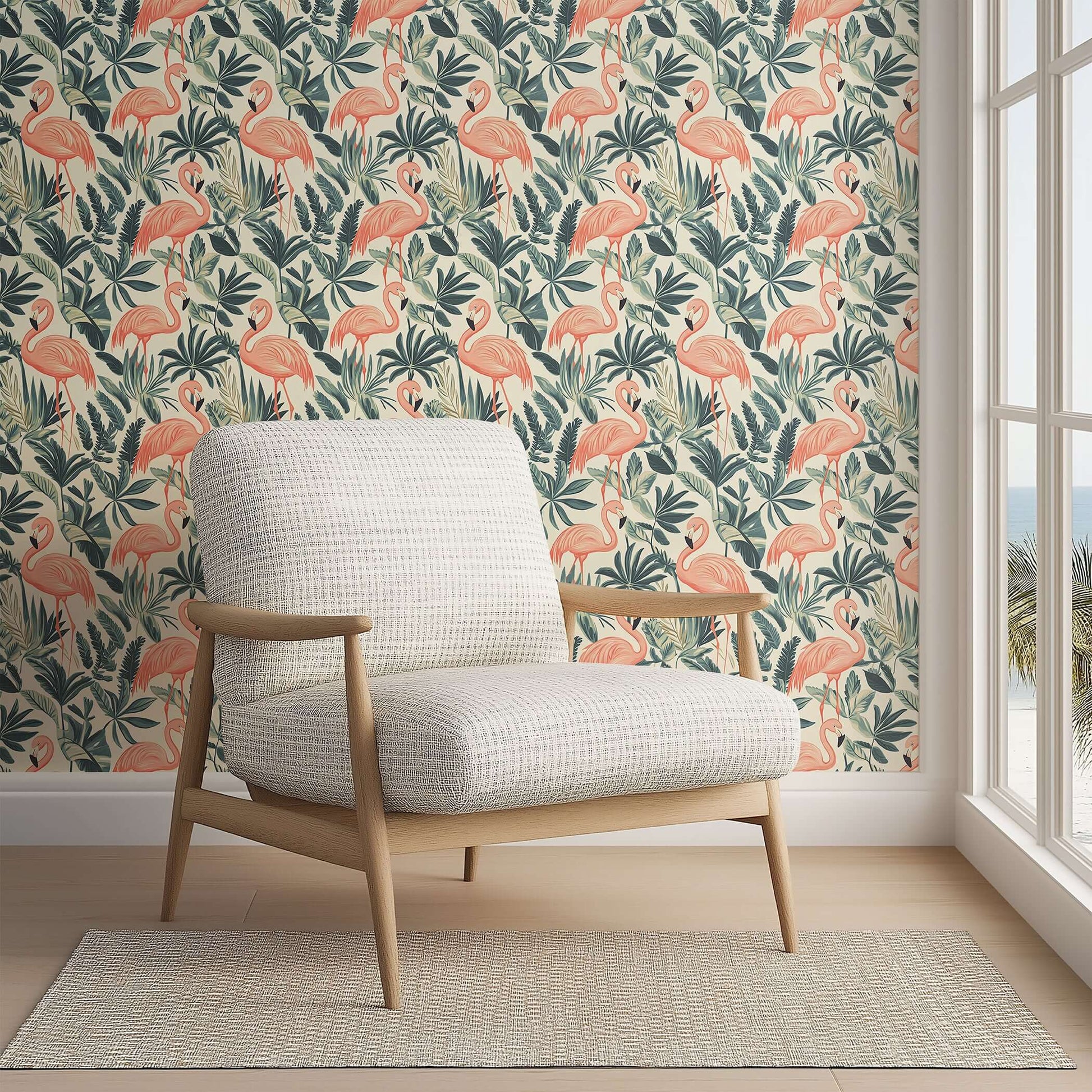 Mid-century modern living room with Flamingo Oasis wallpaper, featuring flamingos and greenery, creating a coastal and elegant ambiance.