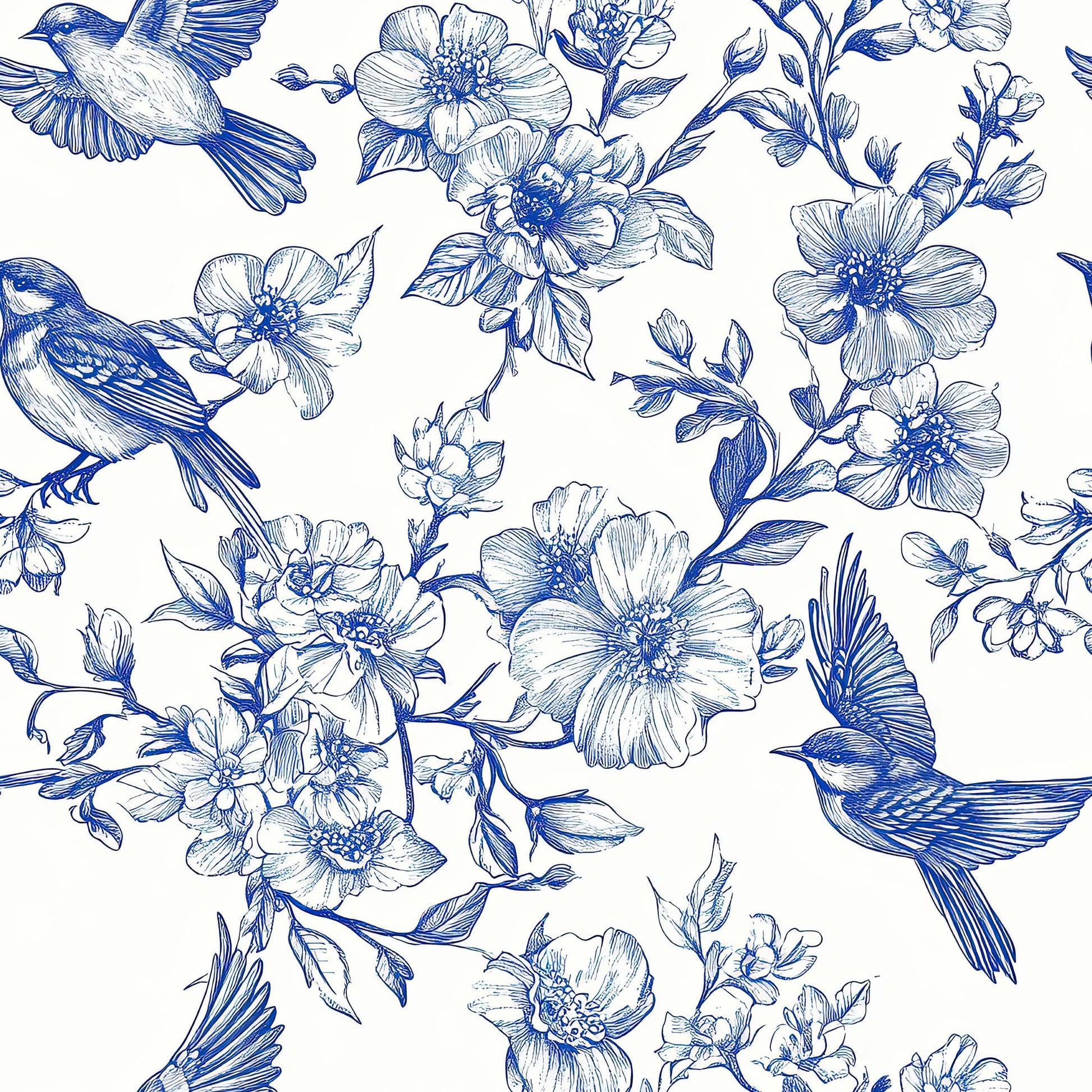 Blue-and-white songbird and floral toile wallpaper design showcasing delicate birds and blossoms, perfect for French country decor.