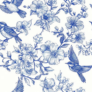 Blue-and-white songbird and floral toile wallpaper design showcasing delicate birds and blossoms, perfect for French country decor.