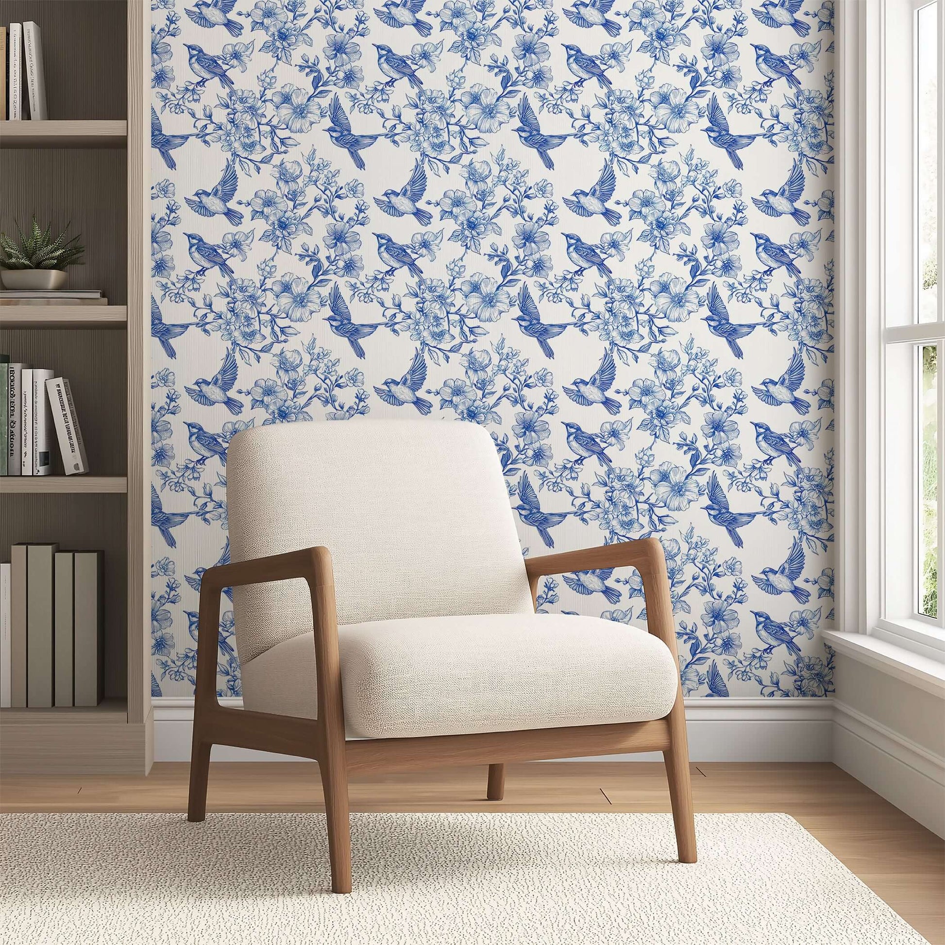 Elegant blue-and-white songbird toile wallpaper in a serene living room with a modern armchair.