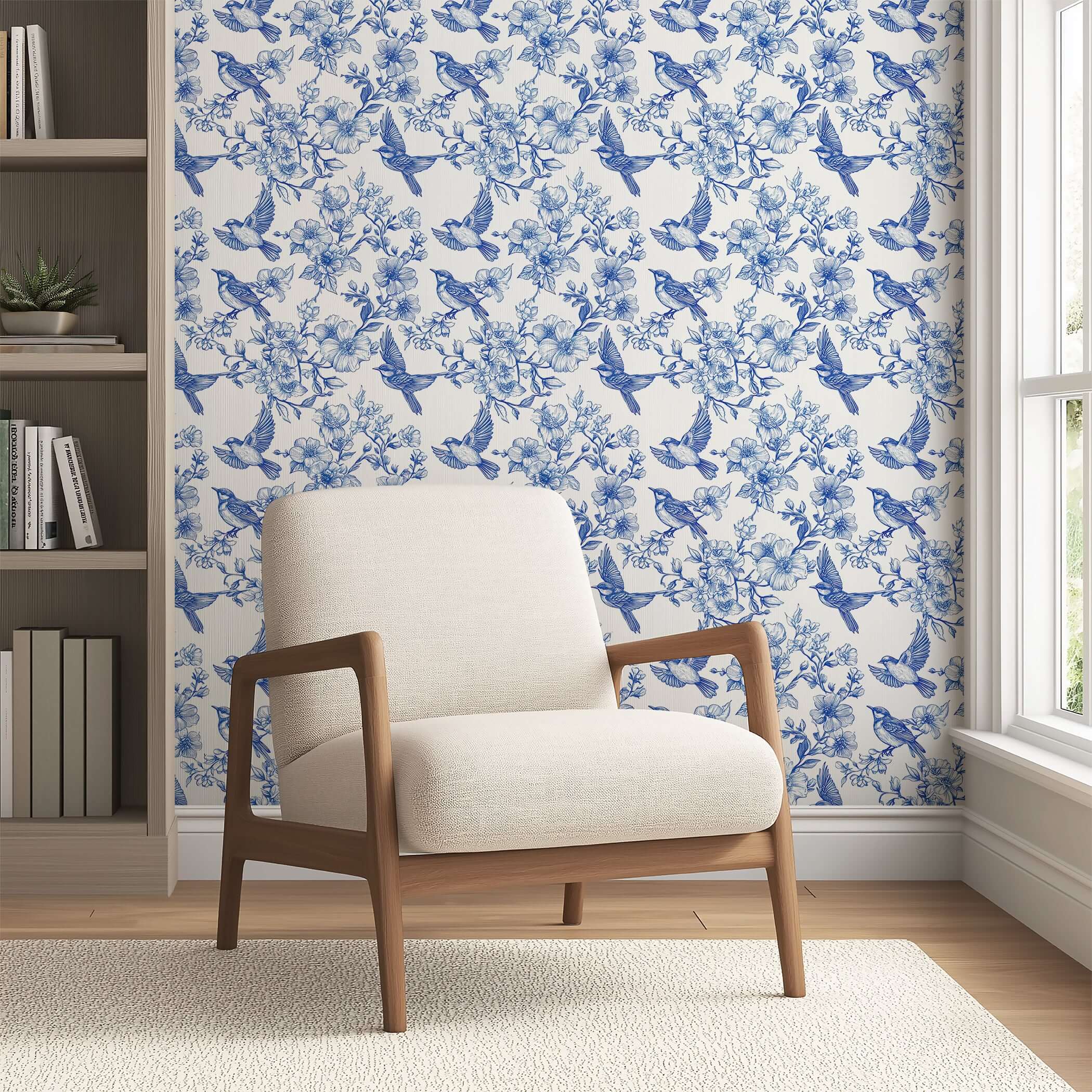 Elegant blue-and-white songbird toile wallpaper in a serene living room with a modern armchair.