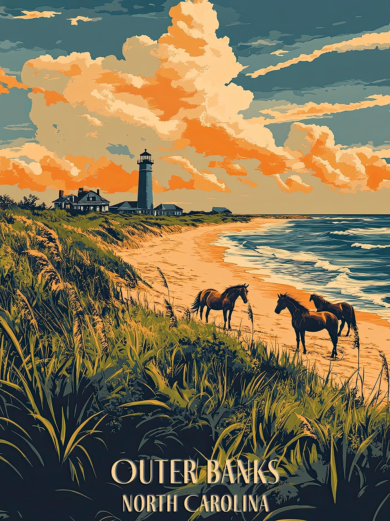 Wild horses on Outer Banks beach with lighthouse at sunset, North Carolina travel art print.