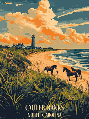 Wild horses on Outer Banks beach with lighthouse at sunset, North Carolina travel art print.