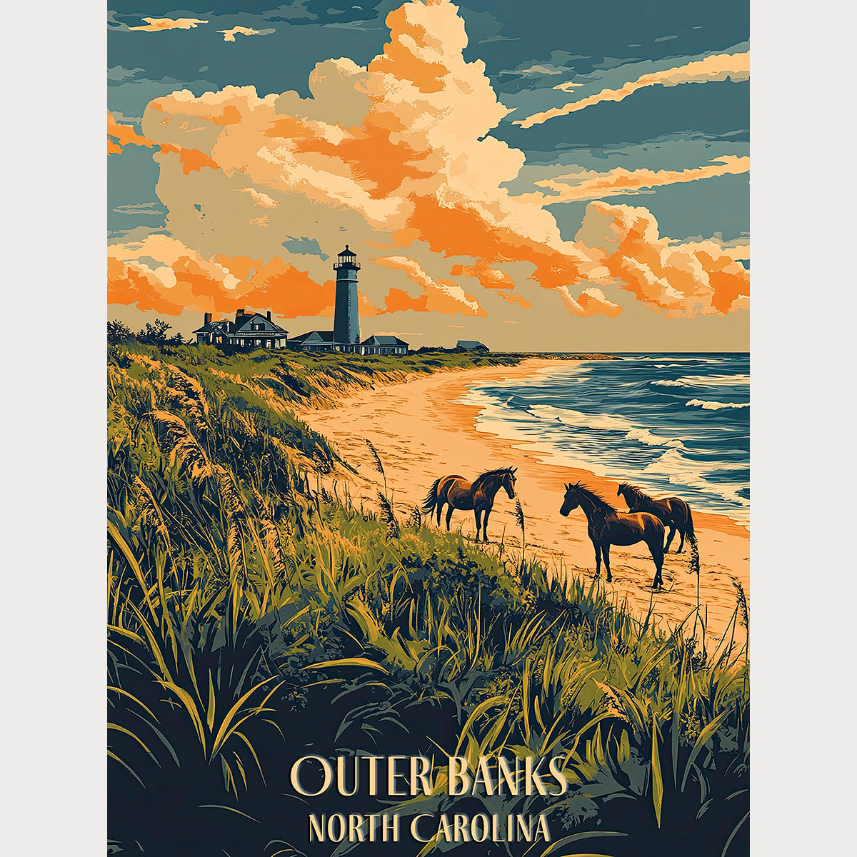 Wild horses on Outer Banks beach with lighthouse at sunset, vintage travel poster for North Carolina wall art.