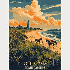 Wild horses on Outer Banks beach with lighthouse at sunset, vintage travel poster for North Carolina wall art.