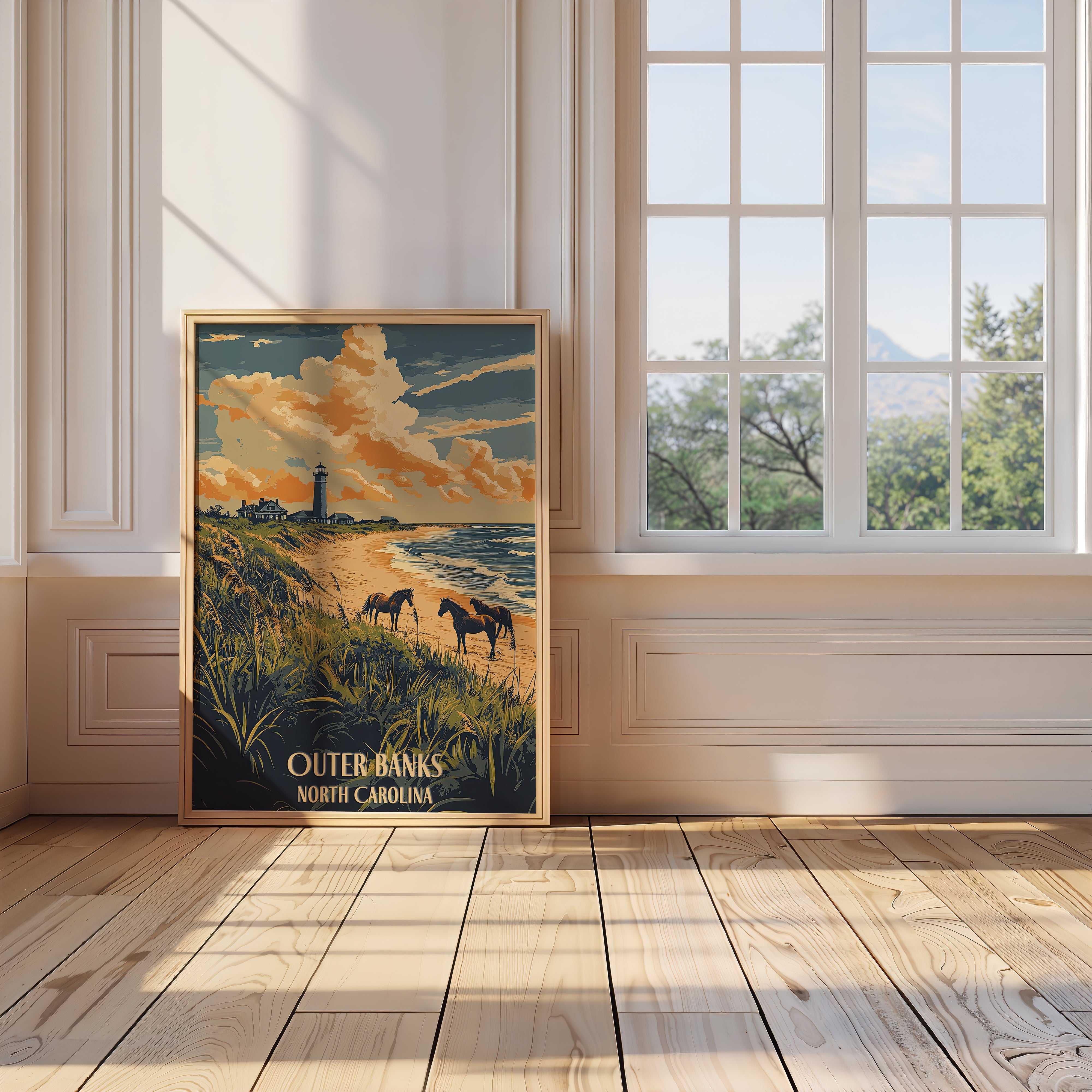 Wall art print showcasing wild horses on the beach in Outer Banks, North Carolina with a lighthouse.