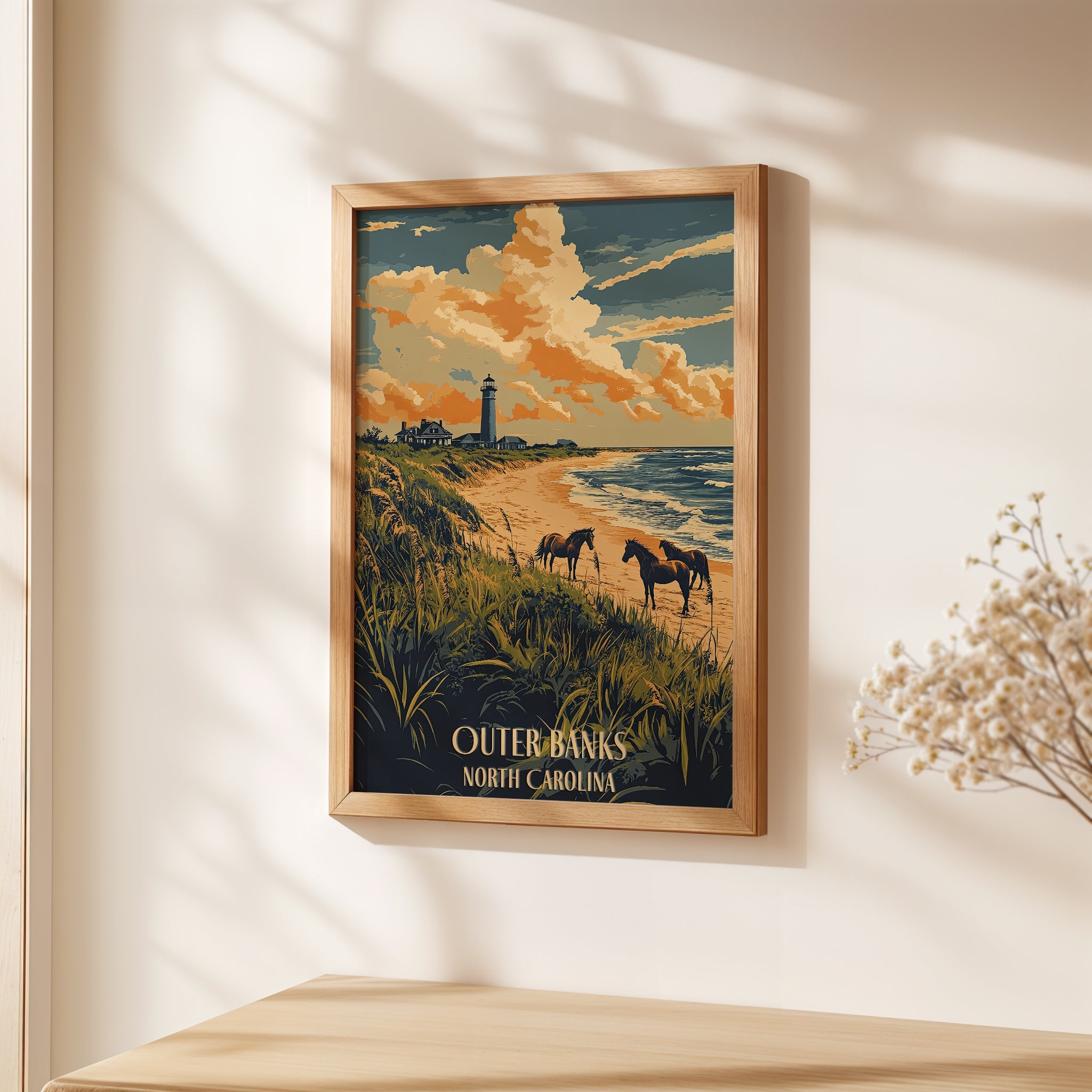 Vintage travel poster of Outer Banks, North Carolina featuring wild horses and a lighthouse on the beach.
