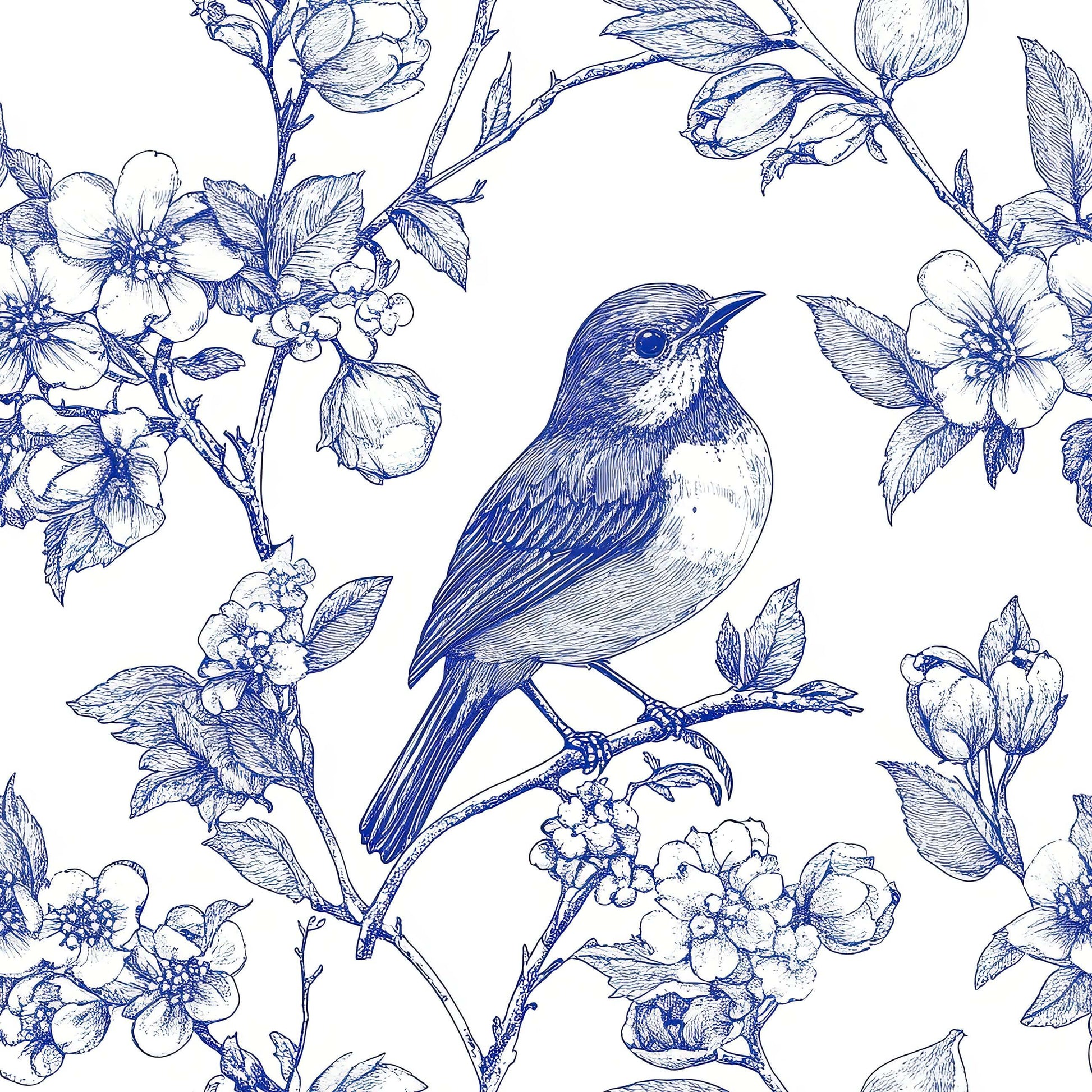 Blue songbird on branching flowers in French toile style wallpaper, blending vintage elegance with contemporary tranquility.
