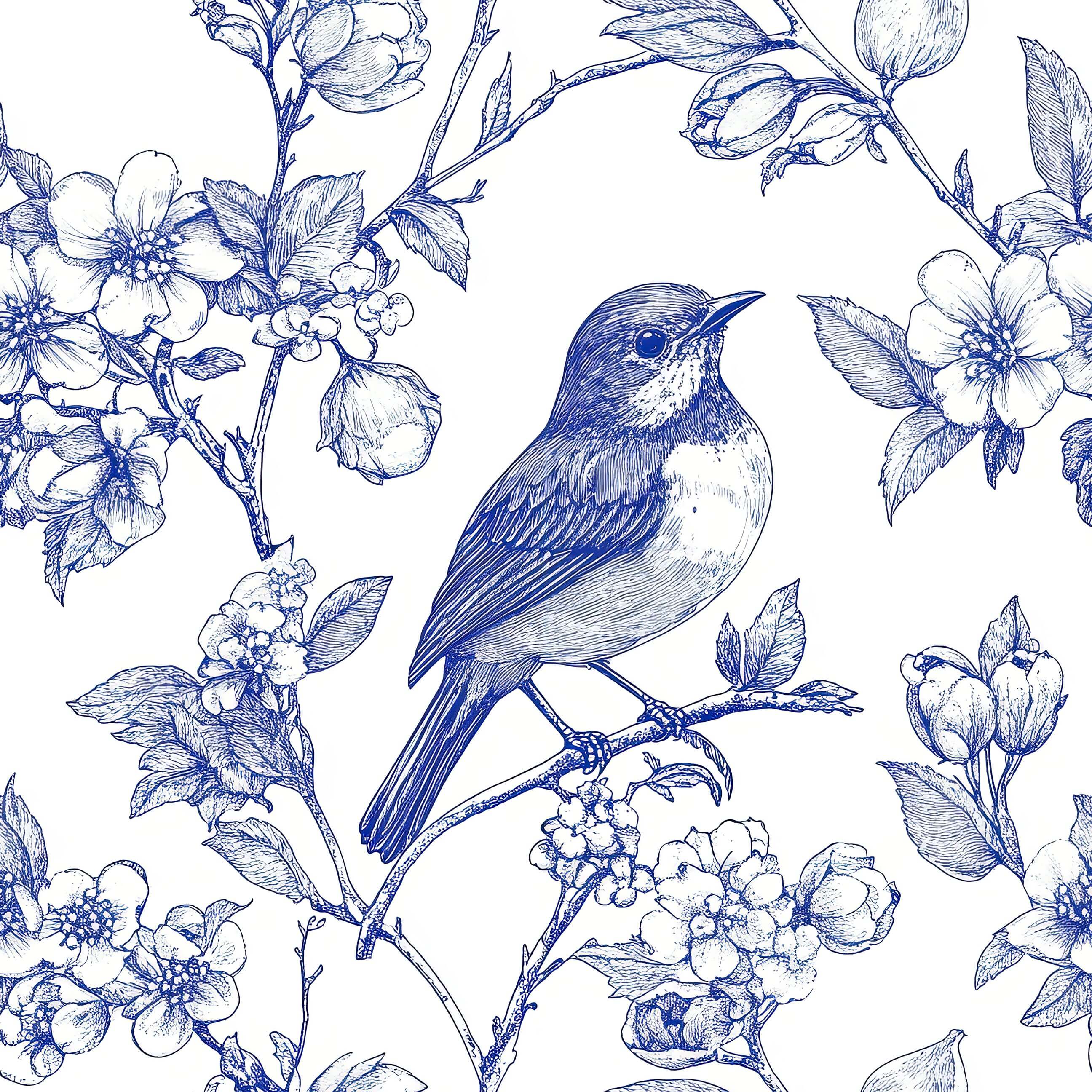 Blue songbird on branching flowers in French toile style wallpaper, blending vintage elegance with contemporary tranquility.