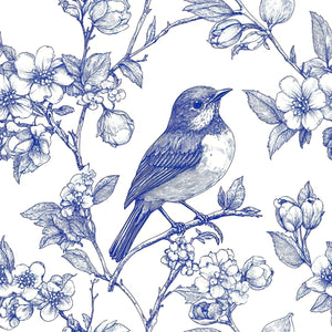 Blue songbird on branching flowers in French toile style wallpaper, blending vintage elegance with contemporary tranquility.