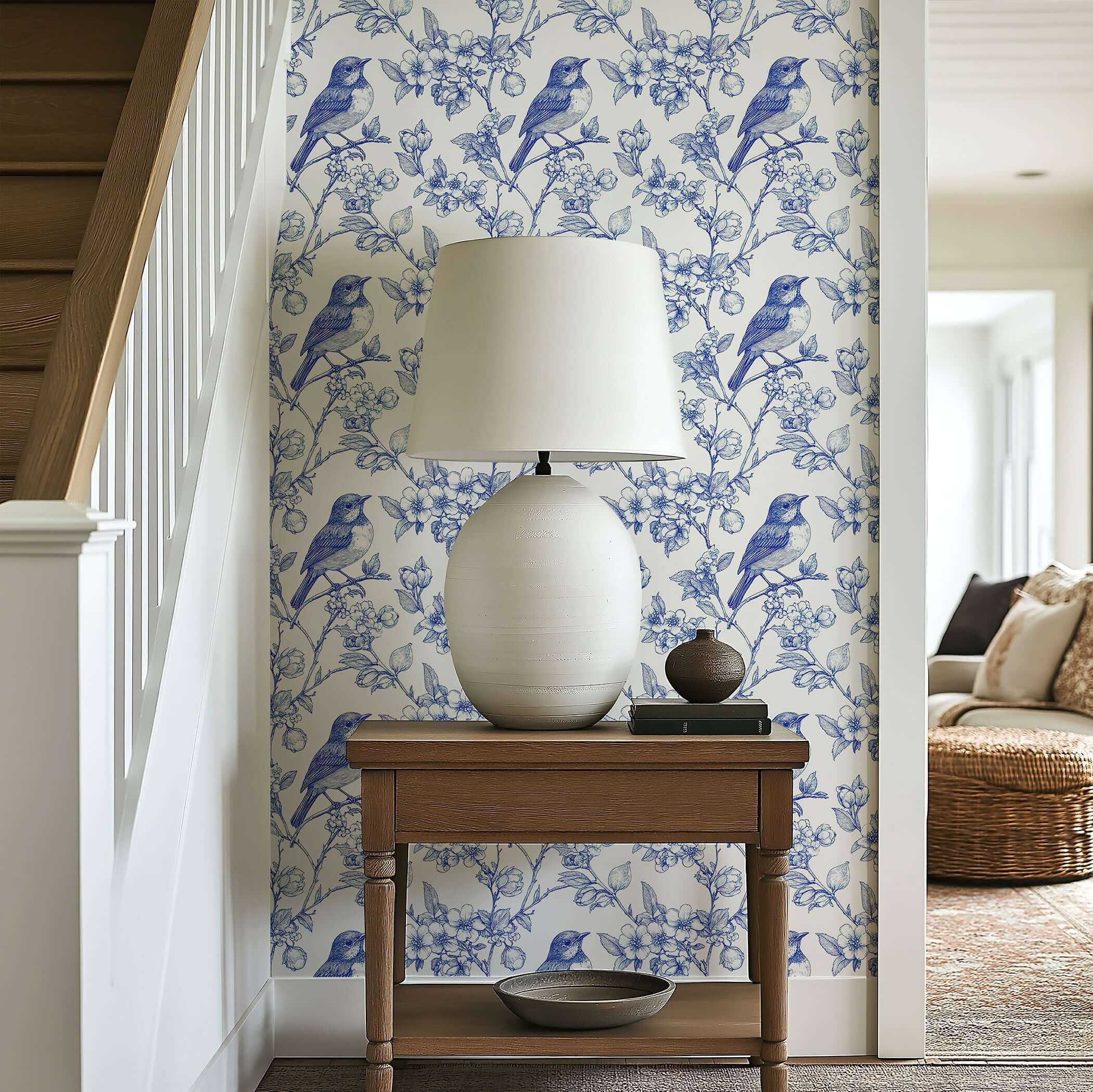 Songbird Garden Toile II wallpaper with blue birds on branches, perfect for adding vintage elegance and tranquility to any room.
