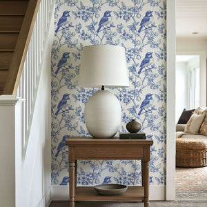 Songbird Garden Toile II wallpaper with blue birds on branches, perfect for adding vintage elegance and tranquility to any room.