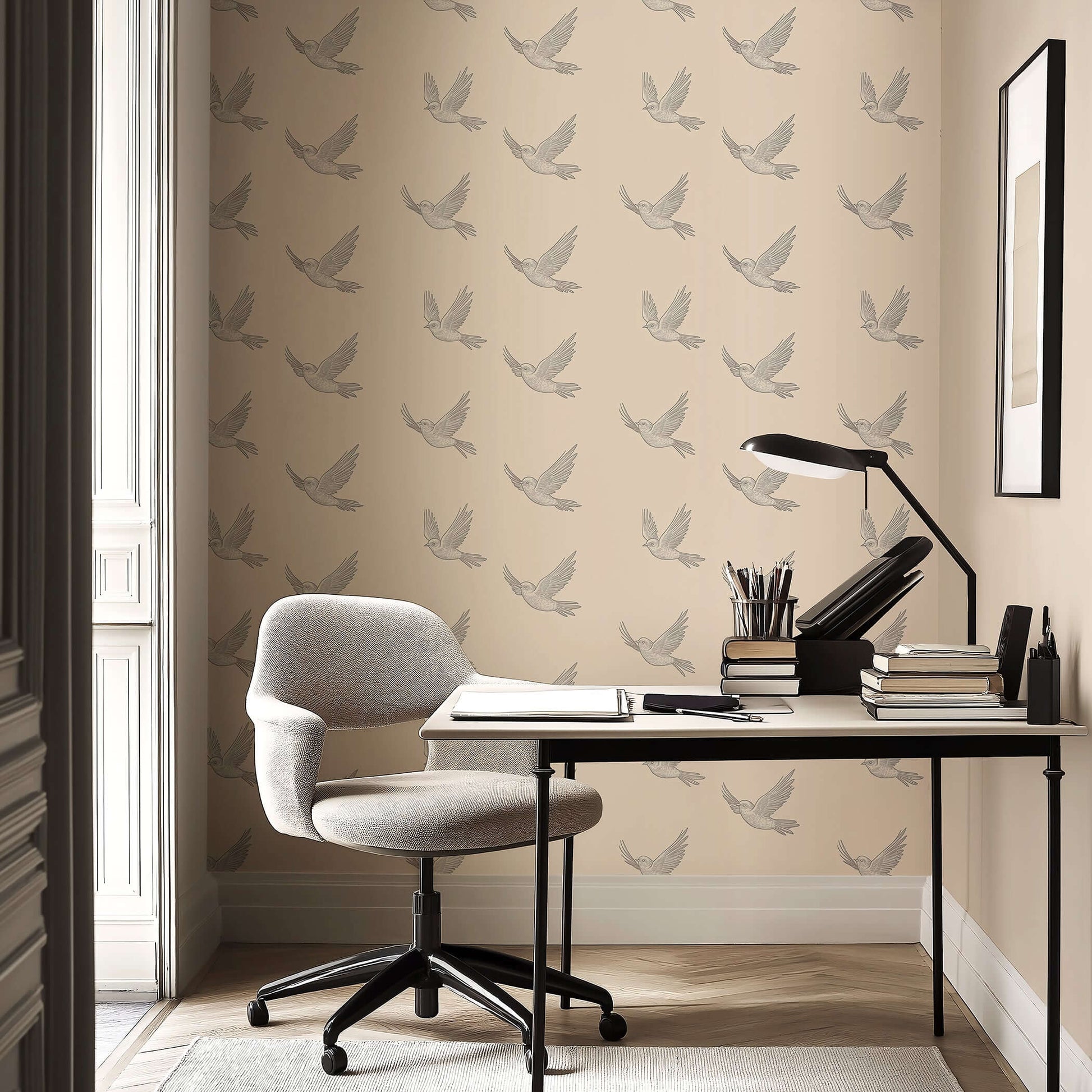 Modern office with "Graceful Flight" wallpaper featuring monochromatic birds, combining elegance and tranquility in a serene workspace design.