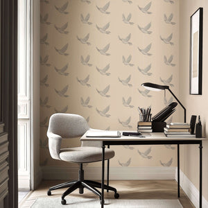 Modern office with "Graceful Flight" wallpaper featuring monochromatic birds, combining elegance and tranquility in a serene workspace design.