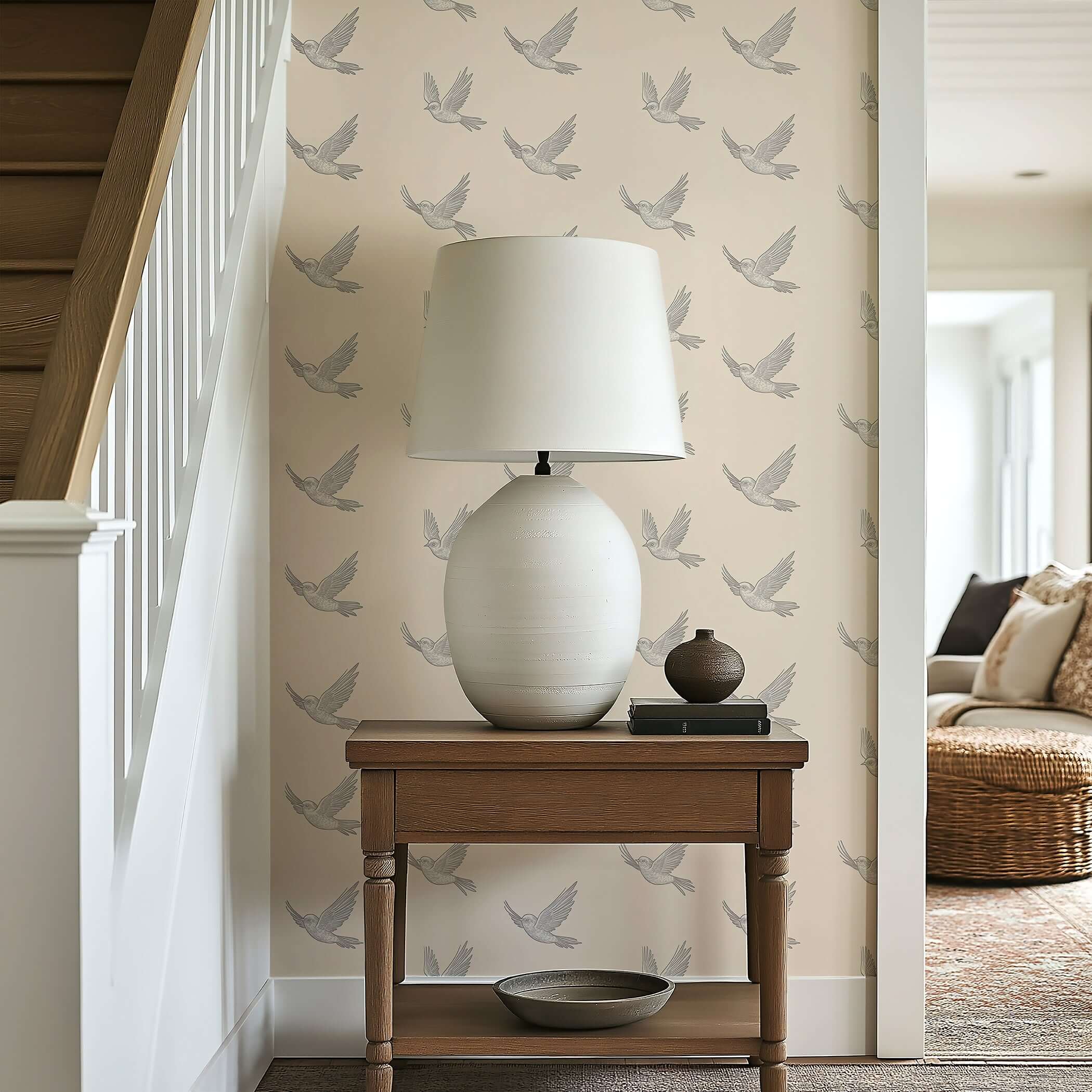 Graceful Flight wallpaper with monochrome birds, modern design, adds serenity to any room; perfect for bedrooms and reading nooks.