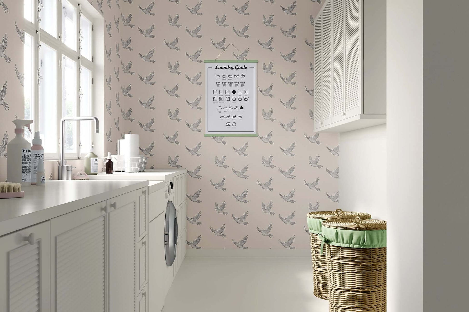 Laundry room featuring "Graceful Flight" monochrome wallpaper with birds, showcasing modern design and serene ambiance.