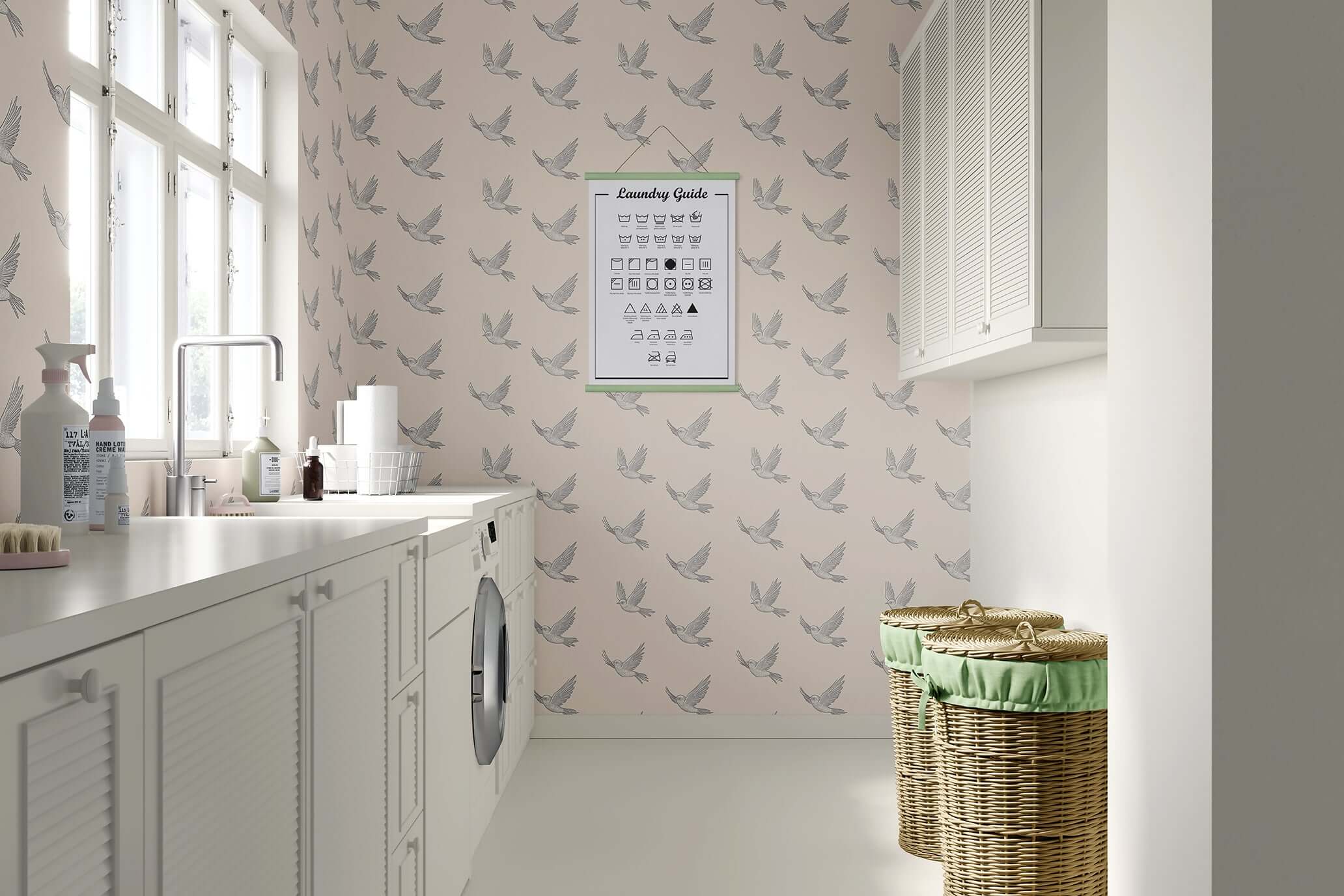 Laundry room featuring "Graceful Flight" monochrome wallpaper with birds, showcasing modern design and serene ambiance.