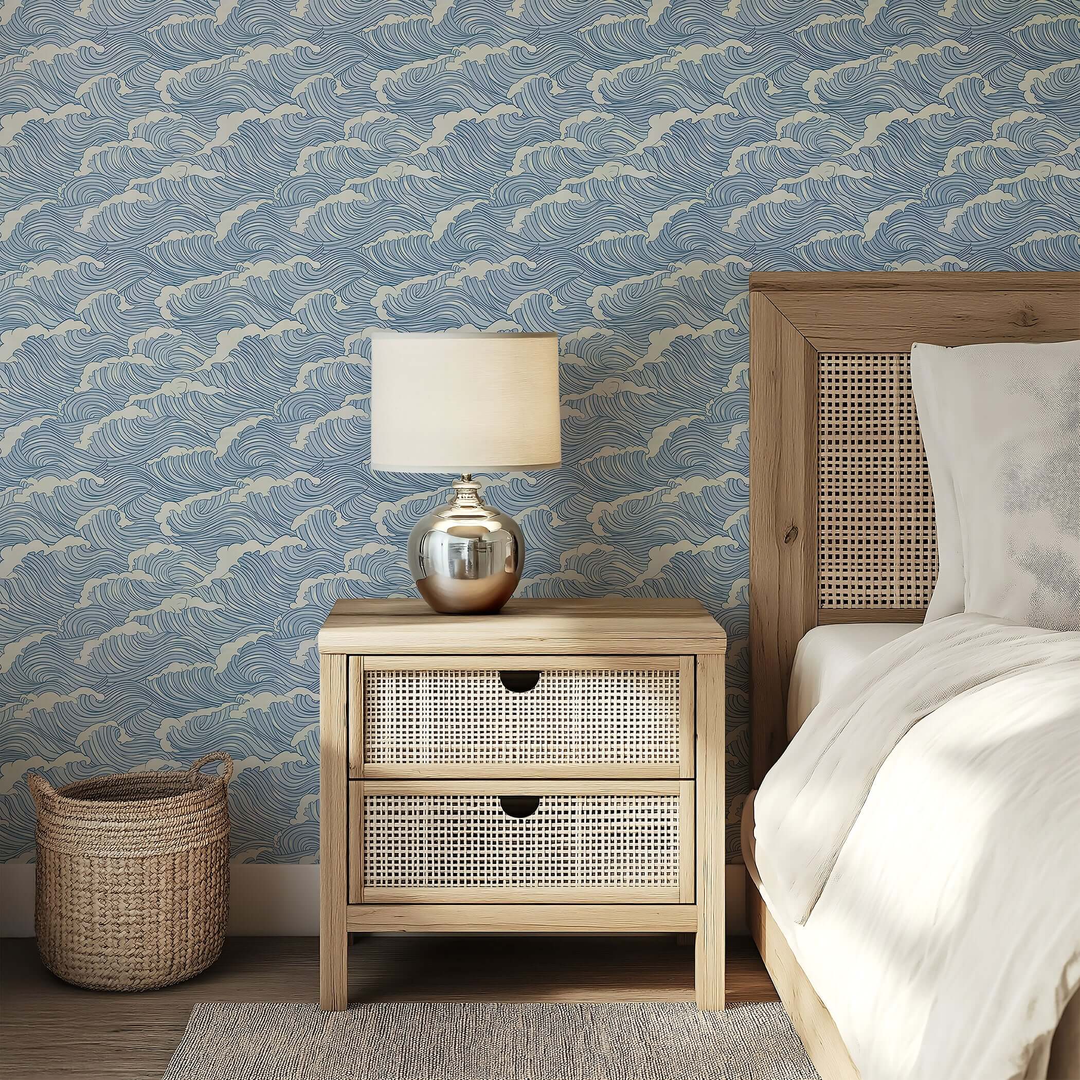Bedroom with Ocean Serenity coastal wallpaper, featuring blue wave patterns, enhancing a maritime, tranquil ambiance.