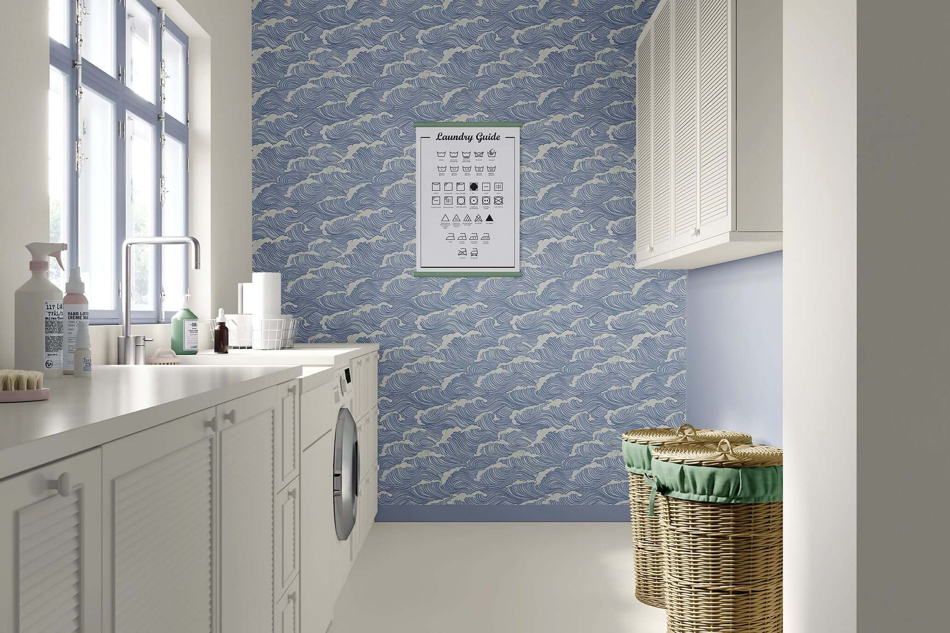Ocean Serenity wallpaper with wave patterns in a coastal laundry room, featuring calming blue hues for a tranquil maritime ambiance.