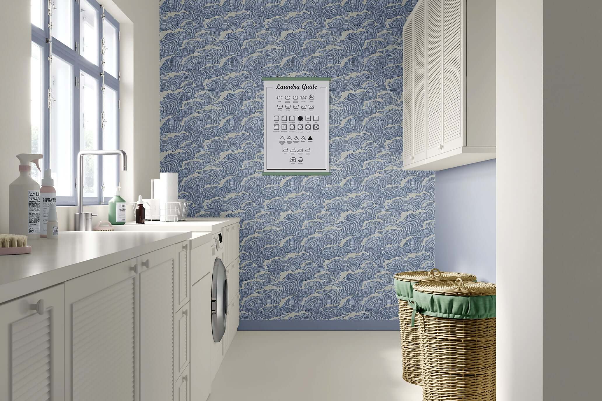 Ocean Serenity wallpaper with wave patterns in a coastal laundry room, featuring calming blue hues for a tranquil maritime ambiance.