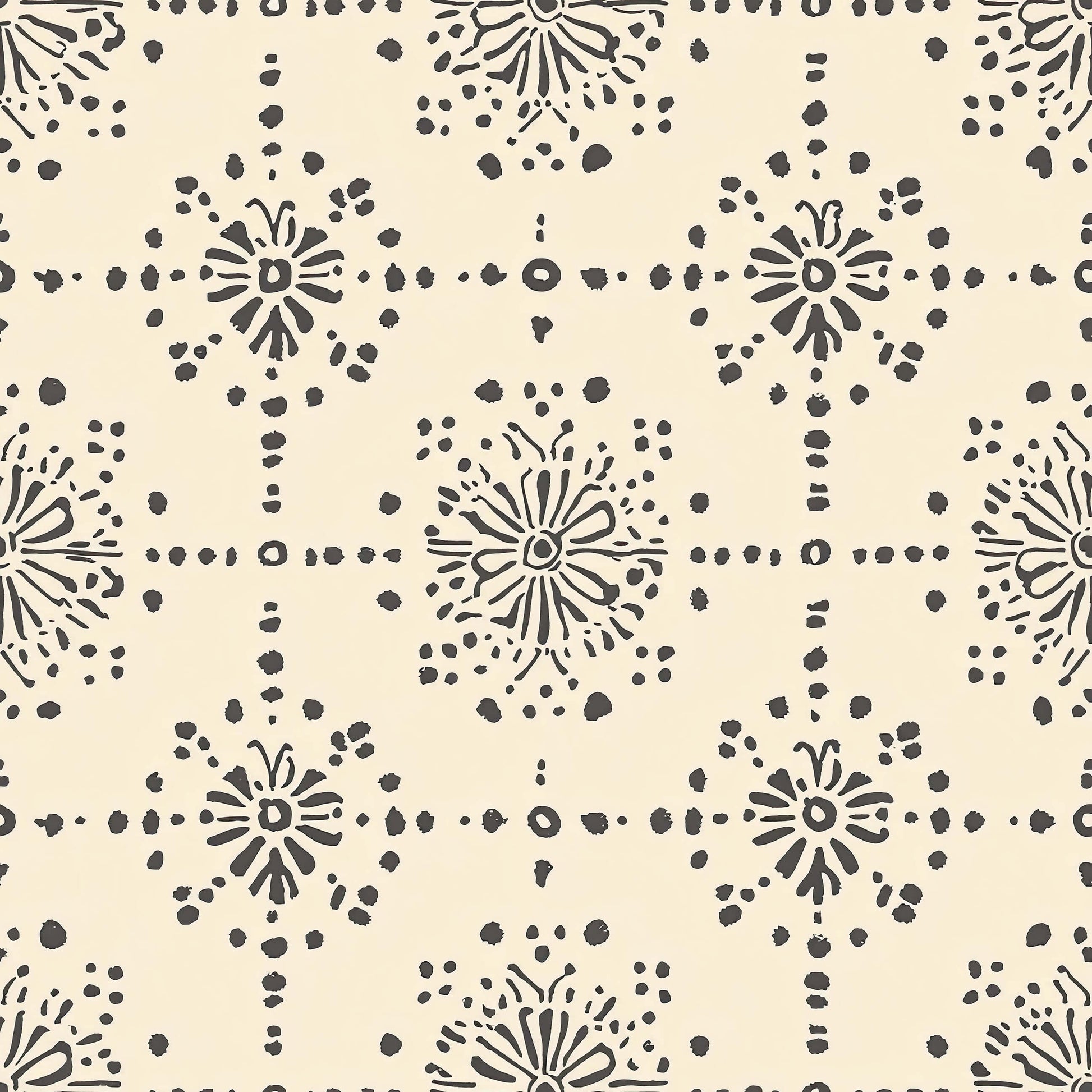 Vintage Vignette Wallpaper with geometric tile pattern in charcoal on cream, blending modern design with rustic elegance.