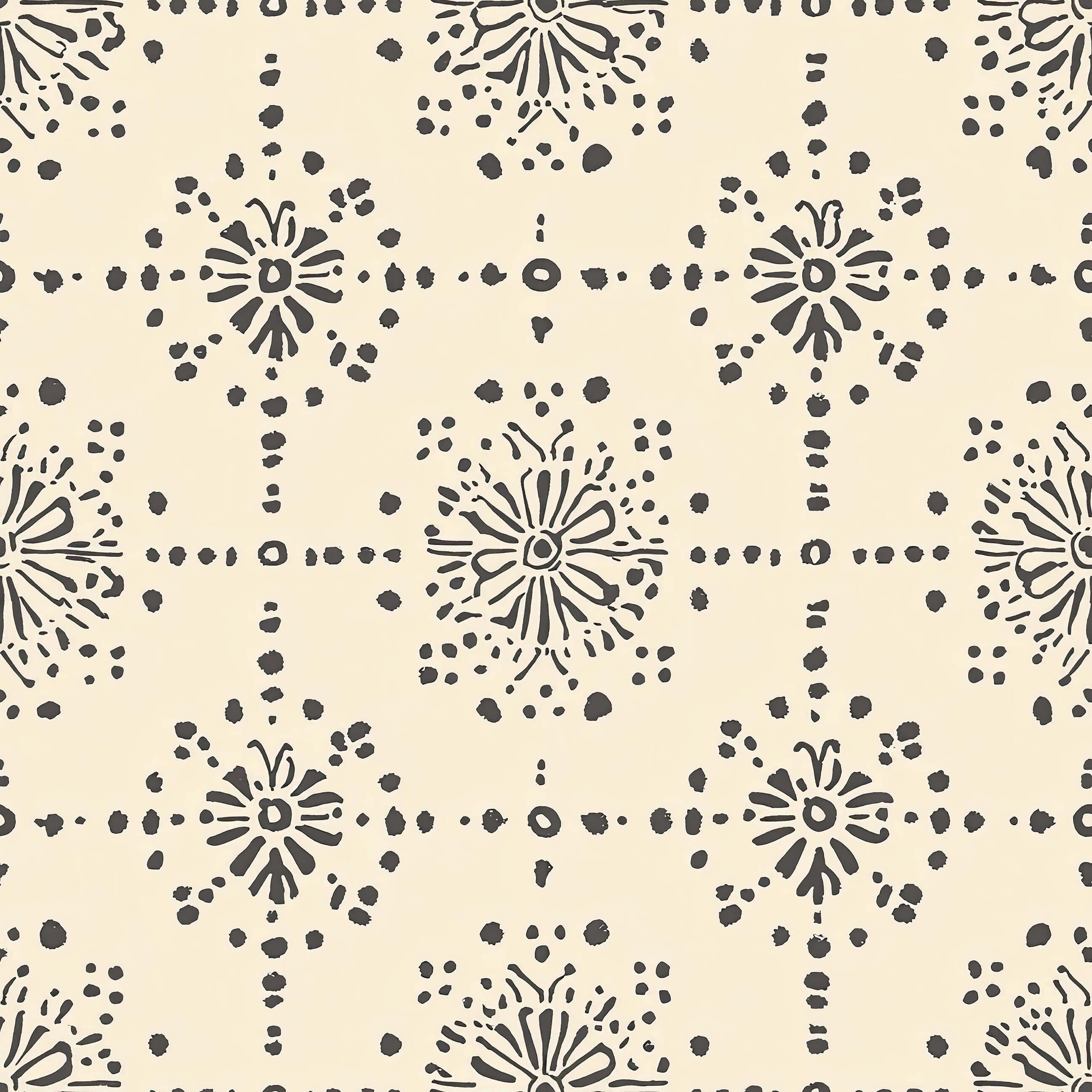 Vintage Vignette Wallpaper with geometric tile pattern in charcoal on cream, blending modern design with rustic elegance.