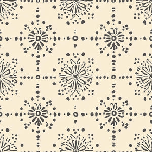 Vintage Vignette Wallpaper with geometric tile pattern in charcoal on cream, blending modern design with rustic elegance.