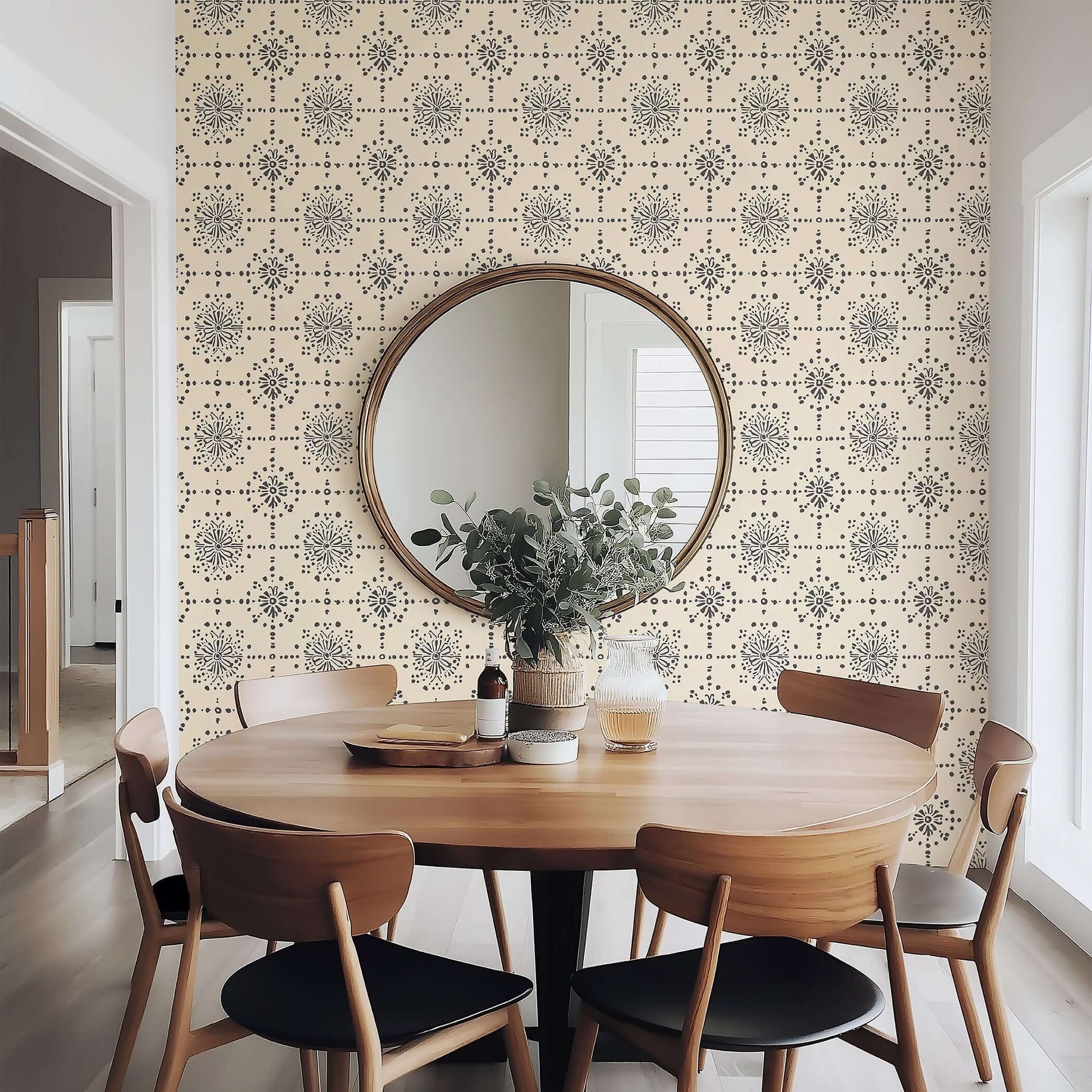 Vintage Vignette wallpaper with geometric tile pattern and warm cream background, enhancing modern design in dining room.