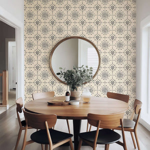 Vintage Vignette wallpaper with geometric tile pattern and warm cream background, enhancing modern design in dining room.