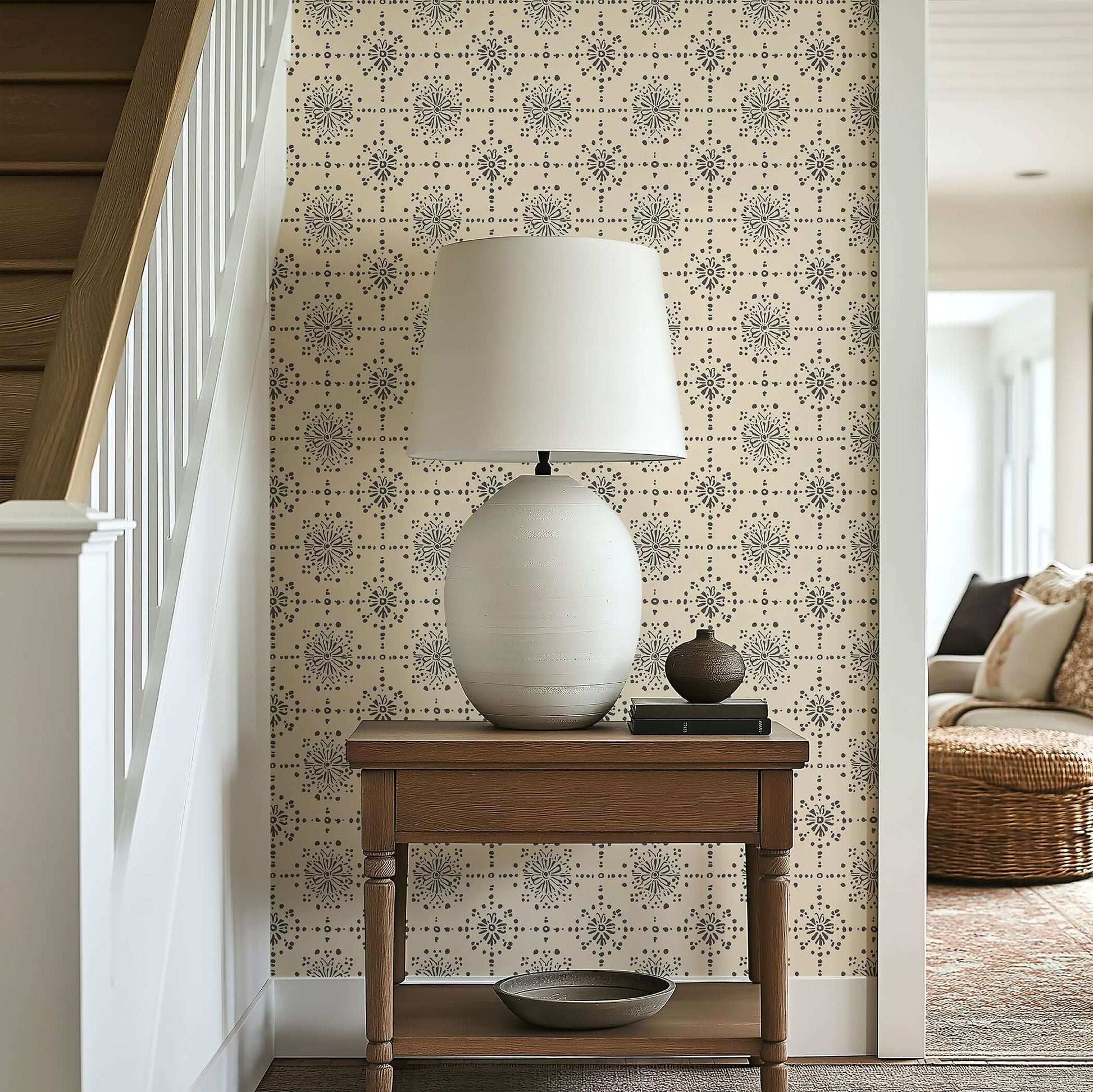 Vintage Vignette wallpaper with geometric tile design in soft charcoal and cream, enhancing modern elegance in home decor.