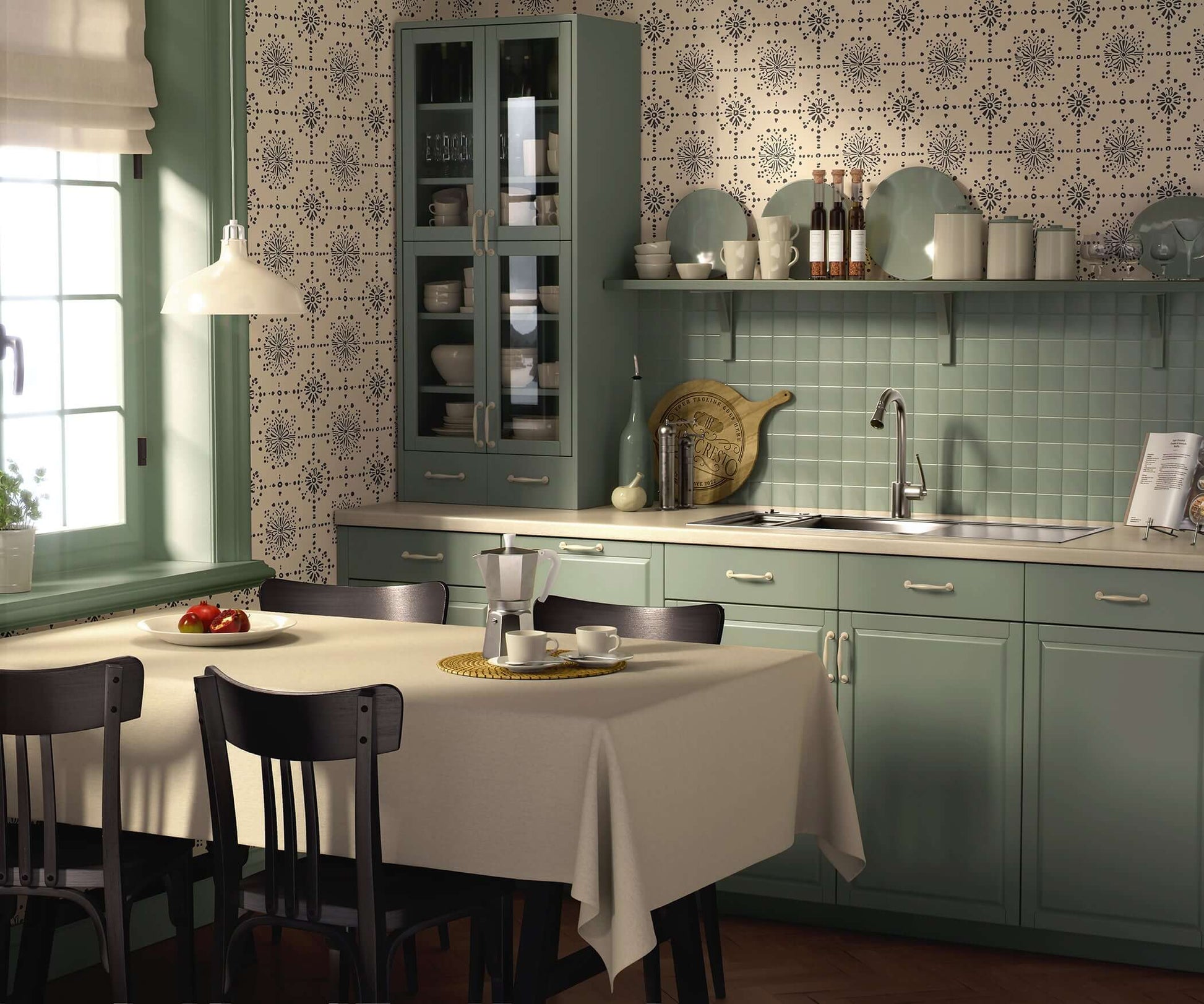 Vintage Vignette Wallpaper with geometric tile pattern in a modern kitchen, featuring soft charcoal and cream colors.