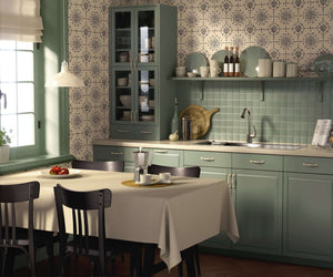 Vintage Vignette Wallpaper with geometric tile pattern in a modern kitchen, featuring soft charcoal and cream colors.