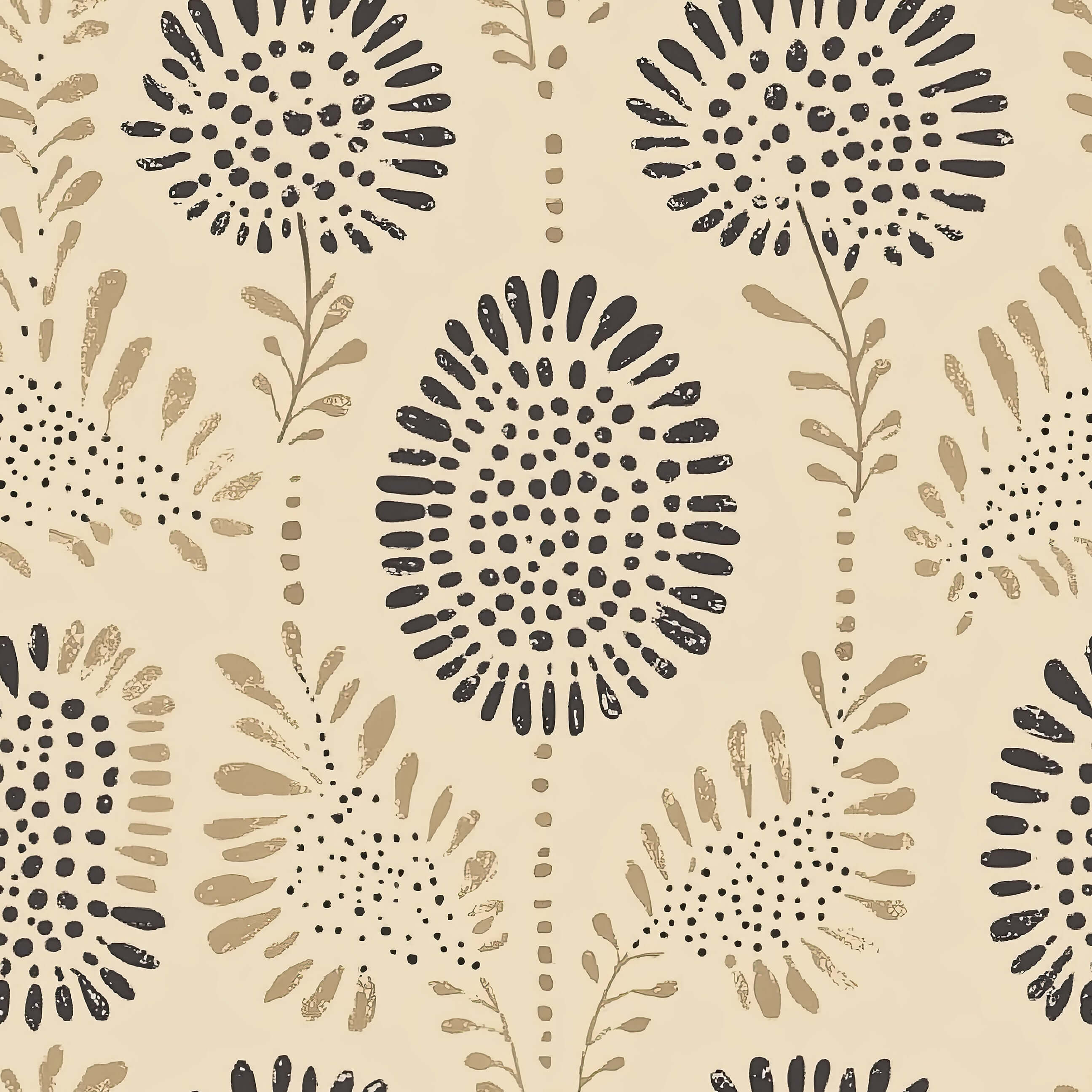 Abstract earthen petals wallpaper featuring dotted floral patterns in beige, clay, and charcoal tones for modern design.