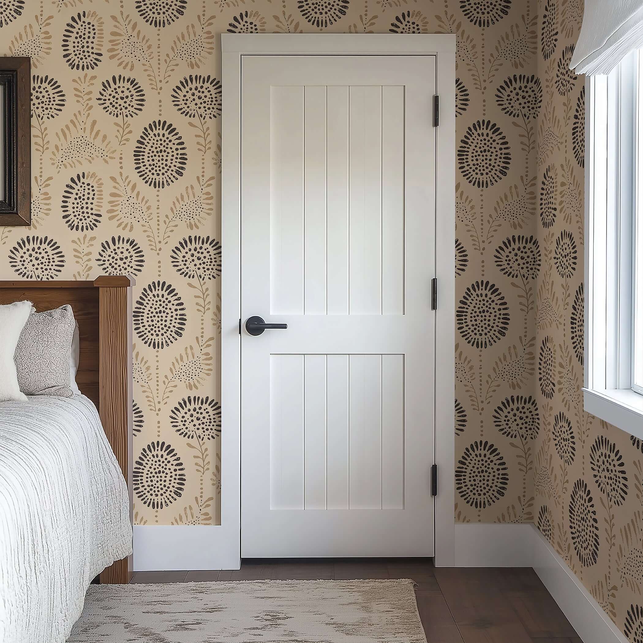 Modern beige floral wallpaper with abstract design in a bedroom, featuring charcoal and clay tones for a natural, handcrafted look.
