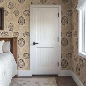  Modern beige floral wallpaper with abstract design in a bedroom, featuring charcoal and clay tones for a natural, handcrafted look.