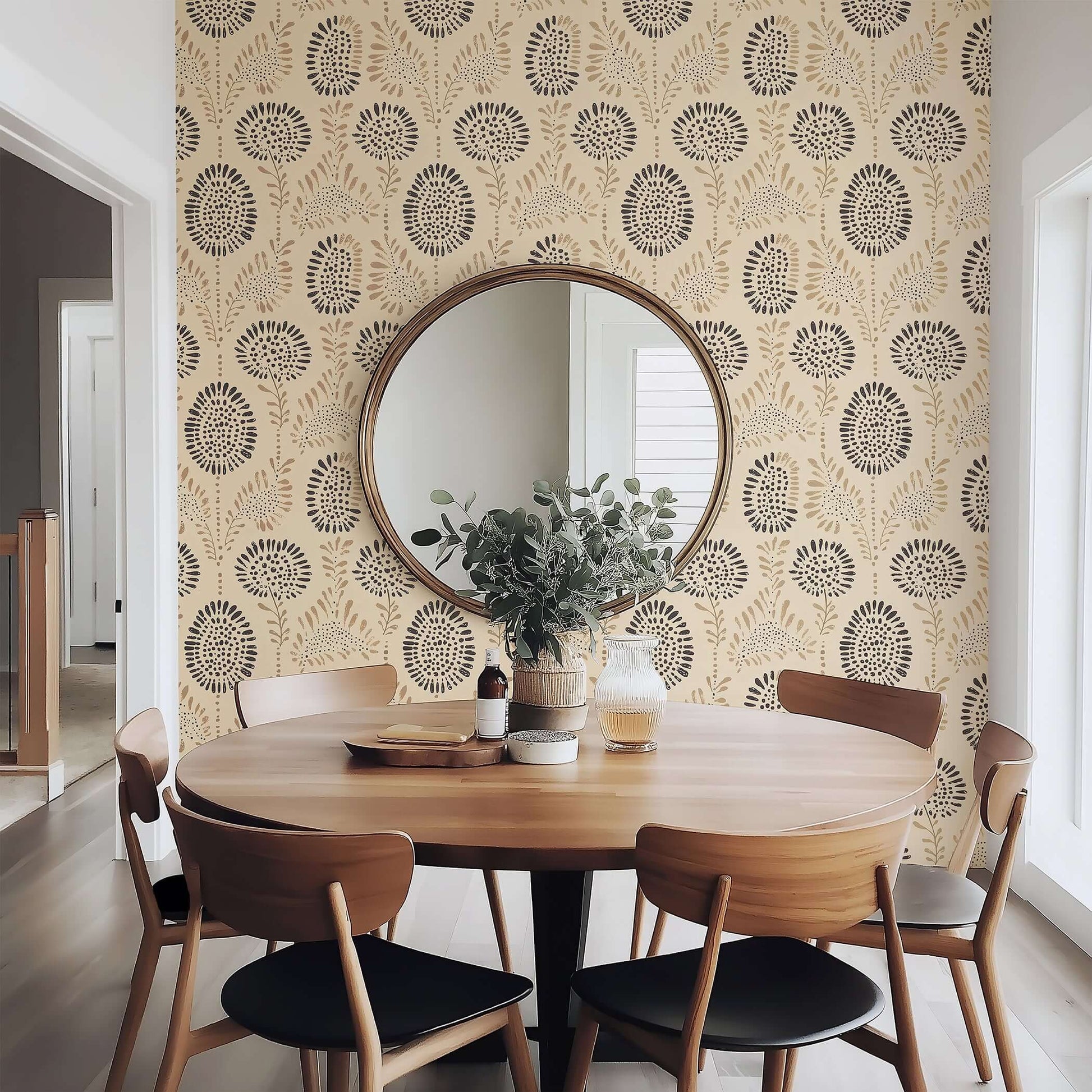 Earthen Petals wallpaper featuring abstract floral design in natural beige, clay, and charcoal tones enhancing dining room decor.