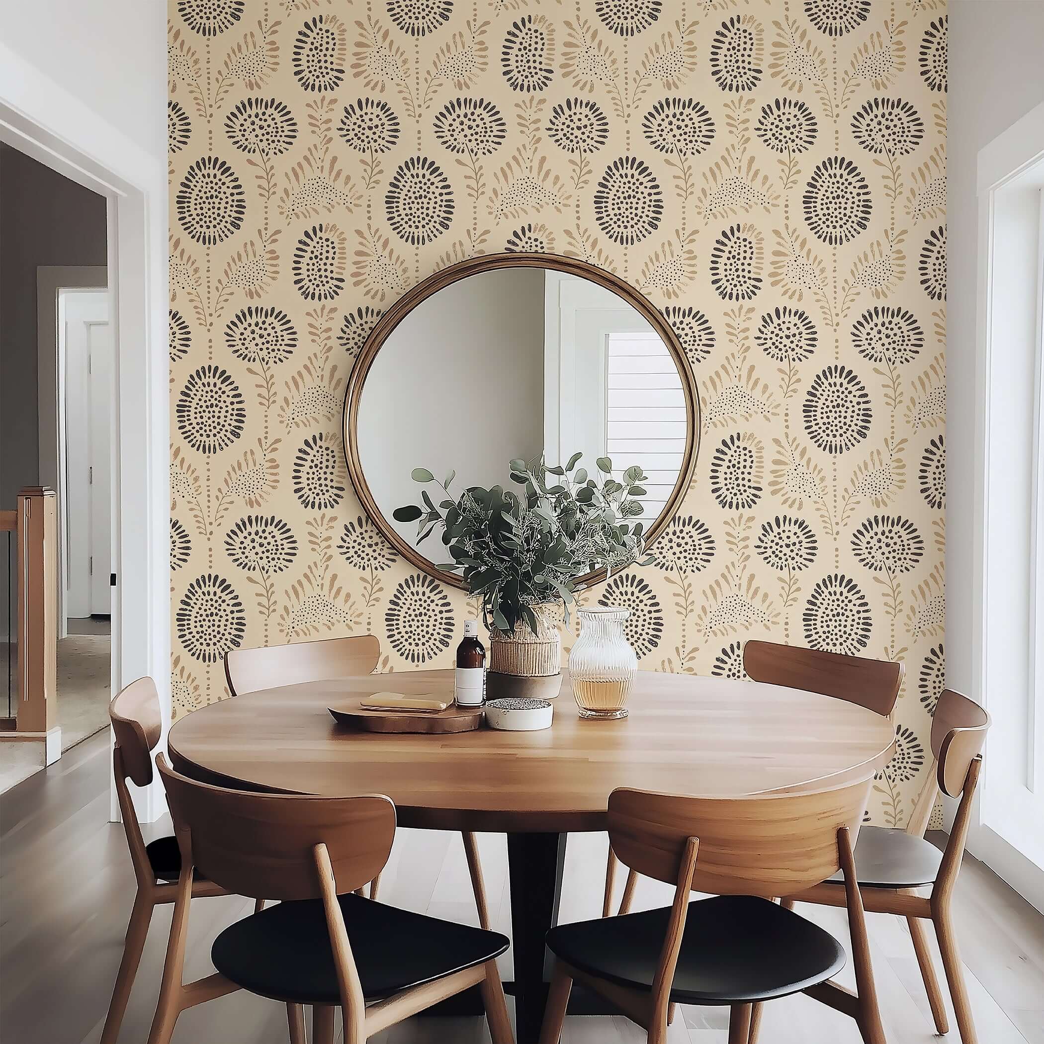 Earthen Petals wallpaper featuring abstract floral design in natural beige, clay, and charcoal tones enhancing dining room decor.