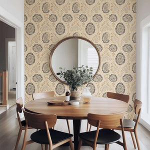 Earthen Petals wallpaper featuring abstract floral design in natural beige, clay, and charcoal tones enhancing dining room decor.